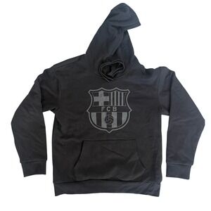 FC Barcelona Soccer Hoodie Black Grey Tonal Crest Pullover Men's Size Medium
